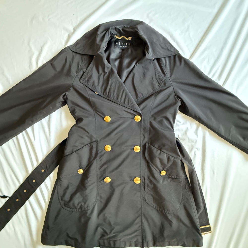 Gucci Women's Charcoal Trench Coat with Gold Buttons